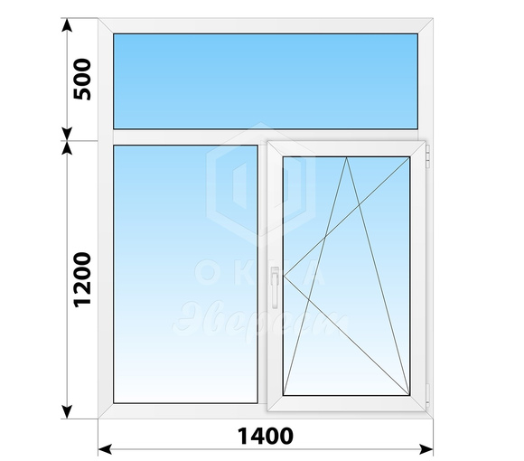 Двухстворчатое пластиковое окно с глухой фрамугой 1400x1700 Г-ПО