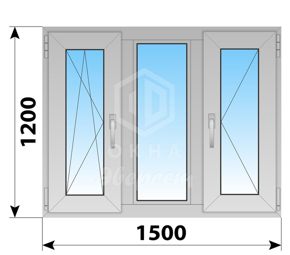 Трехстворчатое алюминиевое окно 1500x1200 ПO-Г-П
